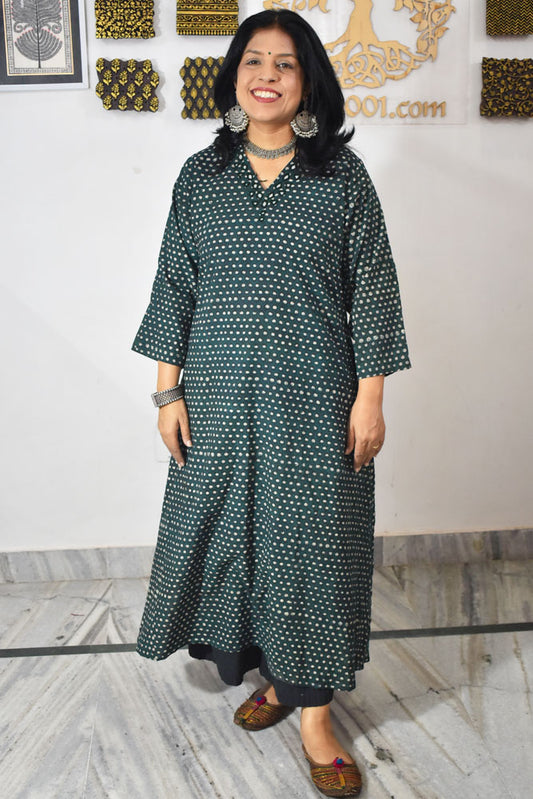 Beautiful Hand Block Printed Vanaspati Ajrakh Cotton kurta with Kutch Mirror work , Size 40 to 46