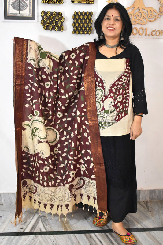 Beautiful Hand Painted Pen Kalamkari Dupatta & patch in Bangalore silk