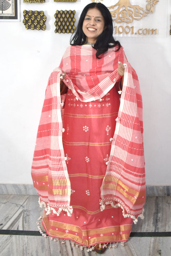 Premium Handwoven Kala Cotton Bhujodi suits with Mirror Work - 3 pc set