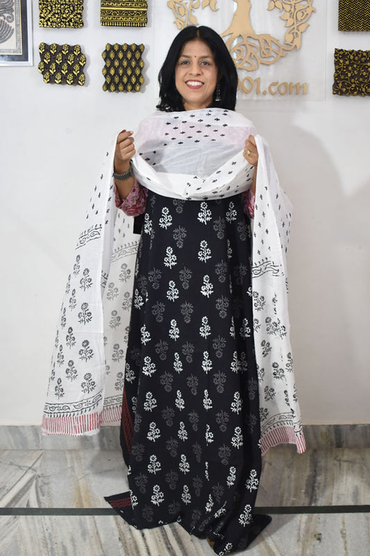 Hand Block Printed Cotton unstitched suit fabric with Soft Cotton dupatta