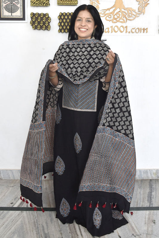 Designer Ajrakh Muslin Unstitched suit with Ajrakh Muslin Dupatta- 2 piece set