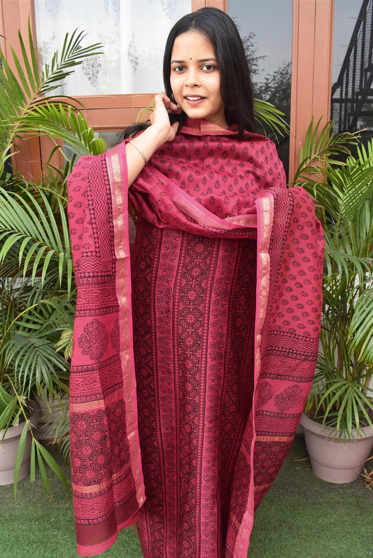 Bagh Hand Block Printed unstitched 3 pcs Handwoven Maheshwari suit fabric with Placement block print & Zari borders from MP