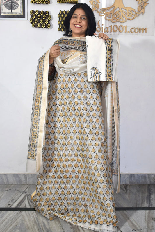 Beautiful Hand Block Printed Maheshwari Silk Cotton Unstitched suit fabric - 3 pc set