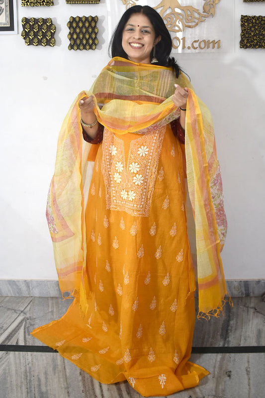 Elegant Lucknowi Chikankari Hand Embroidery work  & Block print Dupatta - 2 pc set