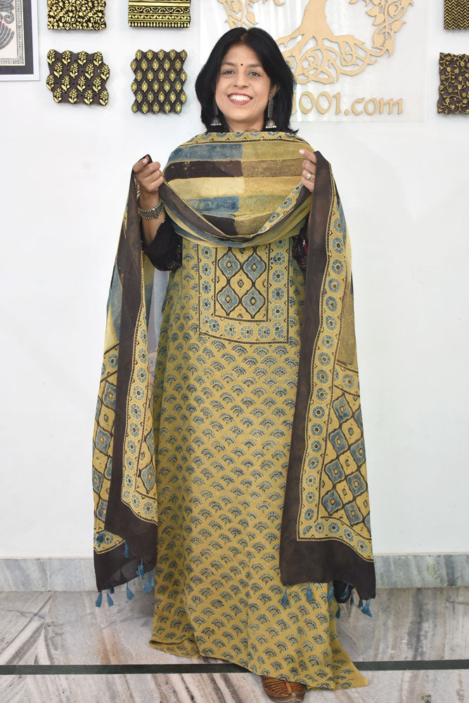 Ajrakh Hand Block Print Georgette Dupatta & Georgette Kurta Fabric