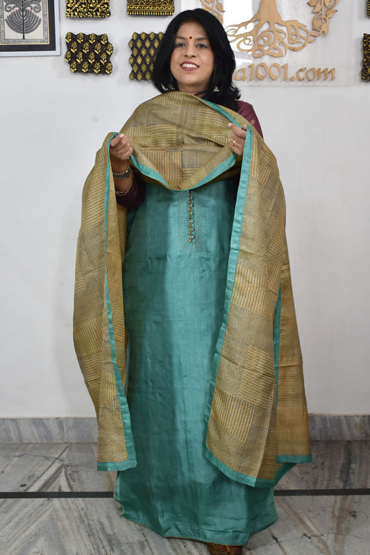 Semi Stitched Block Printed Tussar Silk Dupatta  & Tussar Kurta Fabric
