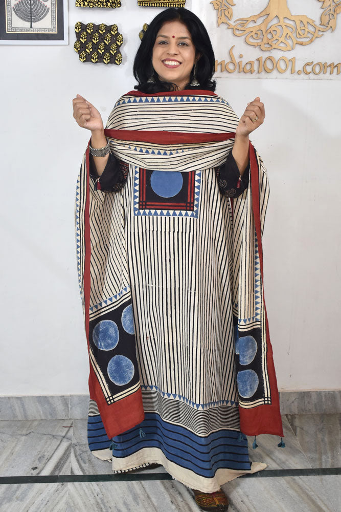 Block Print Ajrakh Cotton Suit with designer Ajrakh neck yoke /panel & Long Stole