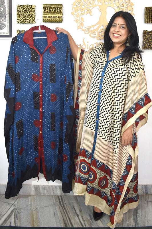 Beautiful Hand Block Printed Ajrakh Modal Silk Kaftan, Size 38 to 50