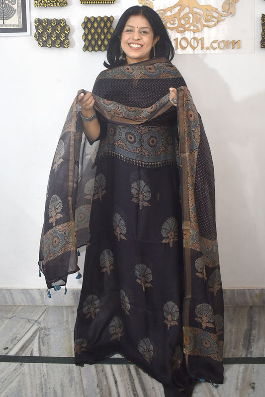 Designer Ajrakh Kota Silk Unstitched suit with Kota Silk Dupatta  - 2 piece set