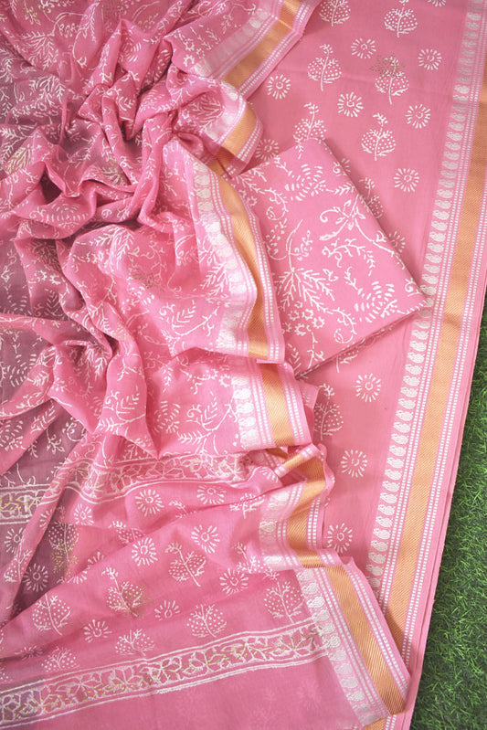 Beautiful Hand Block Printed Cotton unstitched suit fabric with Woven Borders Cotton dupatta