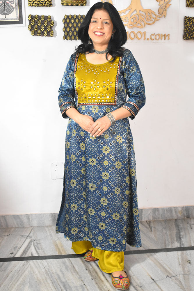 Beautiful Mashru Silk Kurta with Ajrakh block print & Kutch mirror work - Size 38 - 48