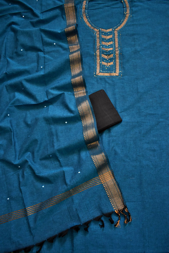 Handwoven Kovai Cotton suit with Hand Embroidery & Mirror work