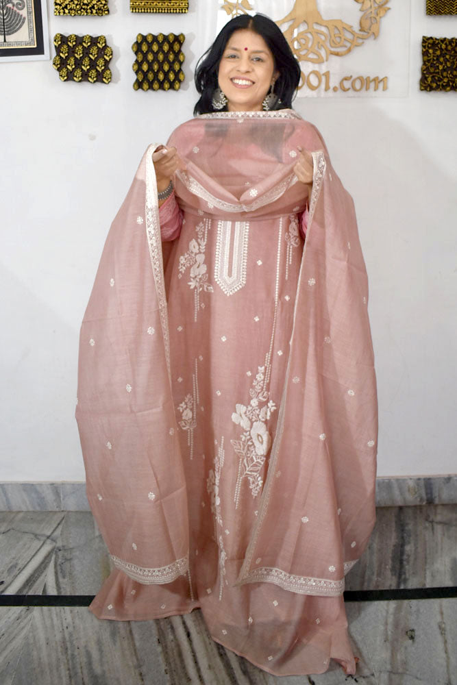 Gorgeous Mul Chanderi Kurta fabric & Dupatta set with embroidery
