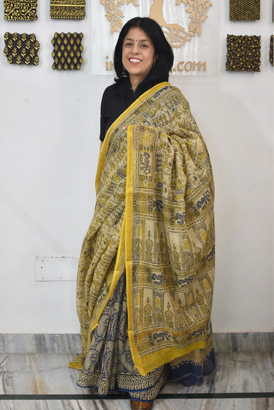 Beautiful Hand Block Printed Kota cotton Saree with zari border