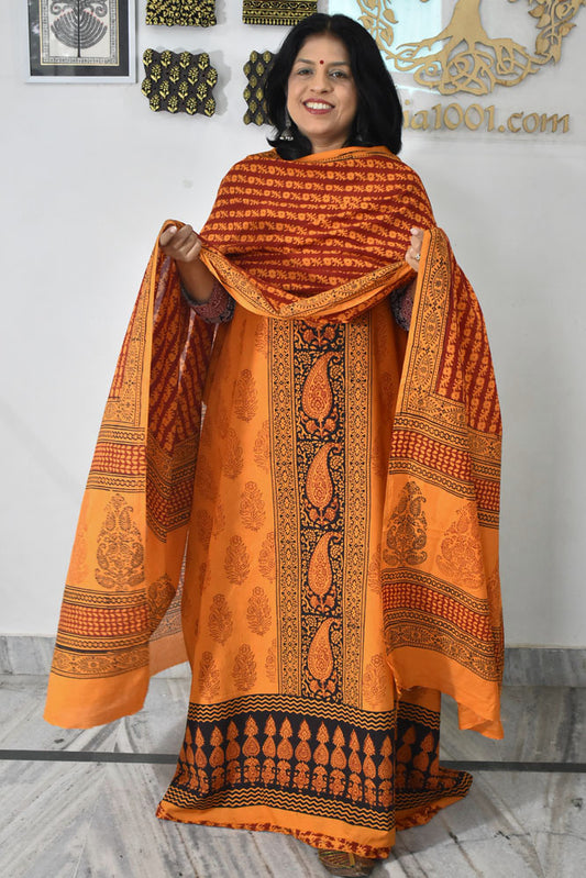 Bagh Hand Block Printed unstitched 3 pc Cotton suit fabric with Placement block print from MP