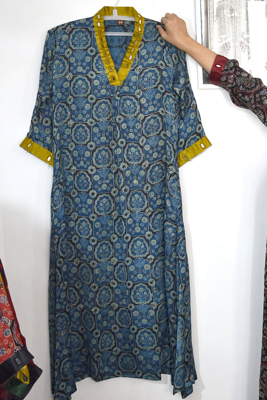 Beautiful Ajrakh Modal Silk Kurta with Kutch Mirror Work size - 38 - 44