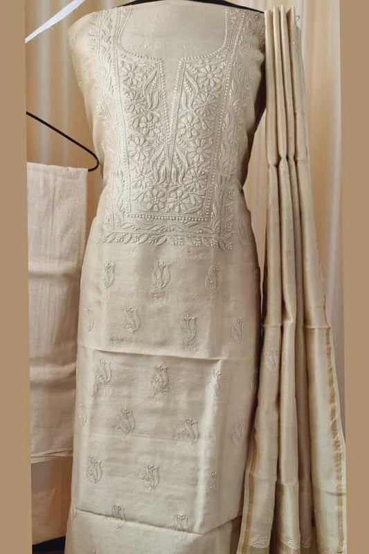 Elegant Chanderi silk Cotton Kurta & Dupatta with Chikankari Embroidery work & cotton bottom - 3 pc set