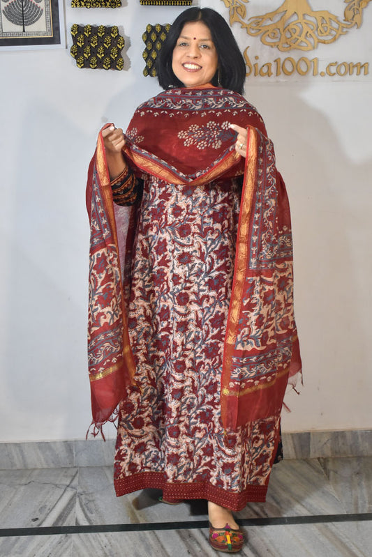 Elegant Hand Block print cotton suit with Schiffli work & Chanderi dupatta