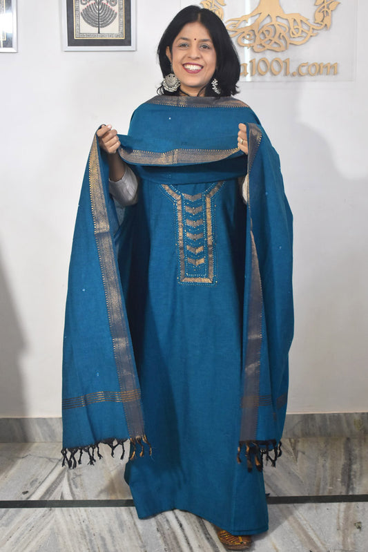 Handwoven Kovai Cotton suit with Hand Embroidery & Mirror work