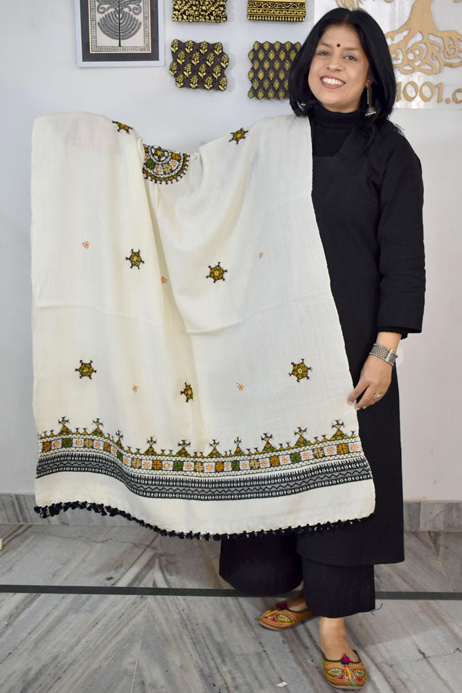 Handwoven Bhujodi Intricate Hand Embroidery & Hand  Mirror Work Woolen  Shawl