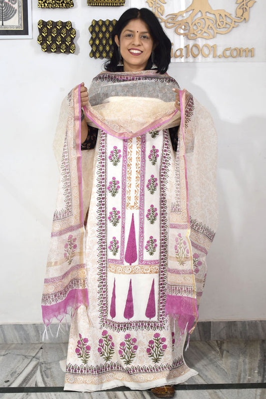 Designer Hand Block Print Cotton suit with Chanderi dupatta