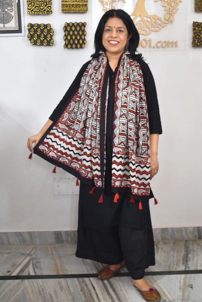 Beautiful Hand Block Printed vanaspati Ajrakh Modal Silk stole with Tassels