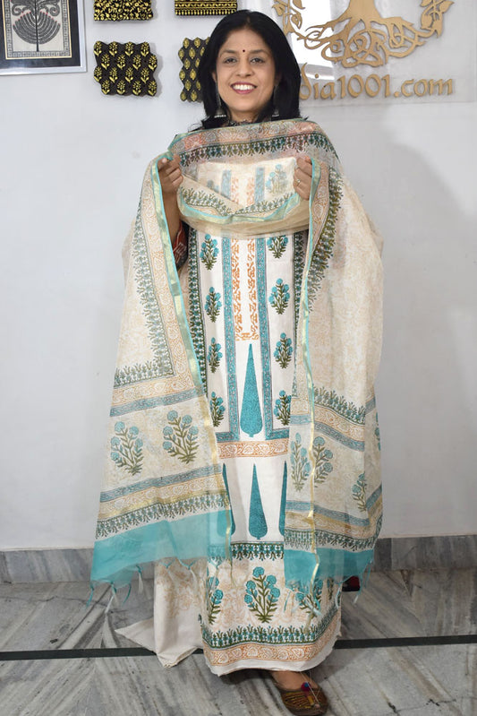 Designer Hand Block Placement Print Cotton suit with Chanderi dupatta and panel design