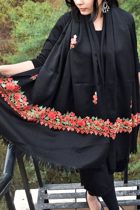 Elegant, Fine & Soft Semi Pashmina Woolen Stole with Aari work Embroidery