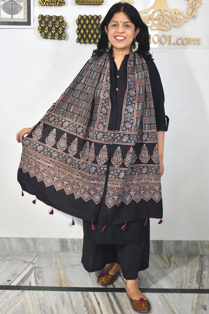 Ajrakh Hand Block Printed Khadi Cotton Stole with Tassels & natural dyes