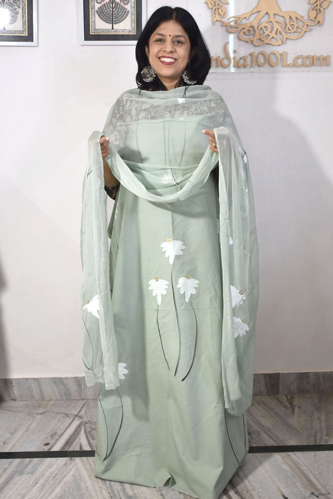 Hand Painted Cotton unstitched suit fabric with Chiffon dupatta