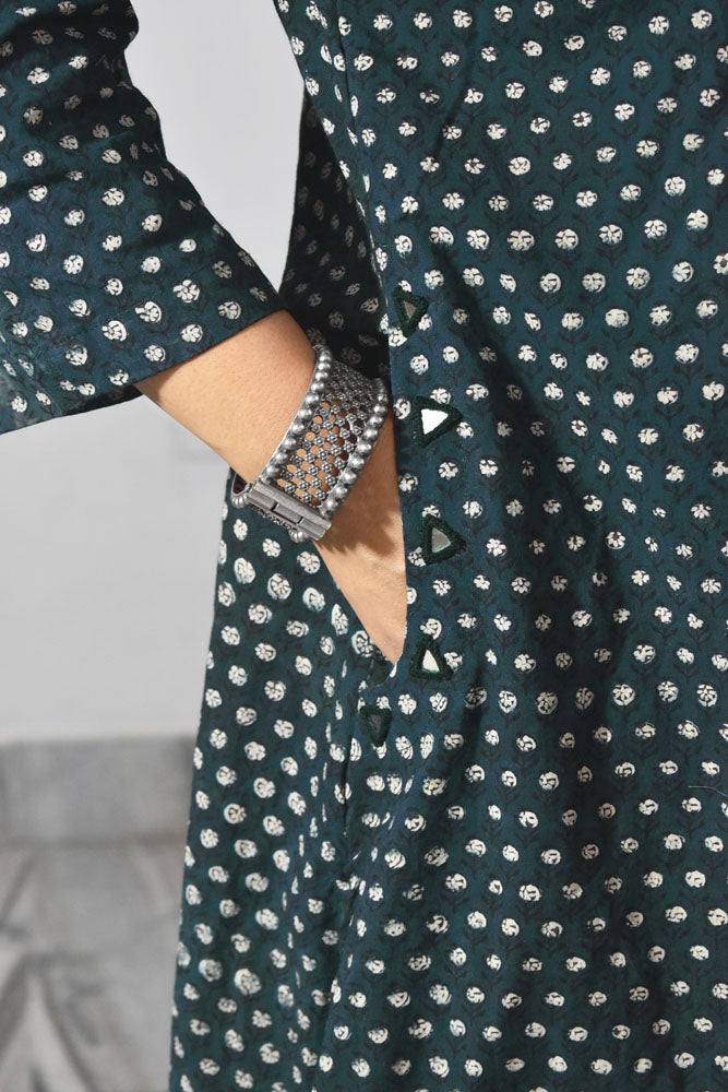 Beautiful Hand Block Printed Vanaspati Ajrakh Cotton kurta with Kutch Mirror work , Size 40 to 46