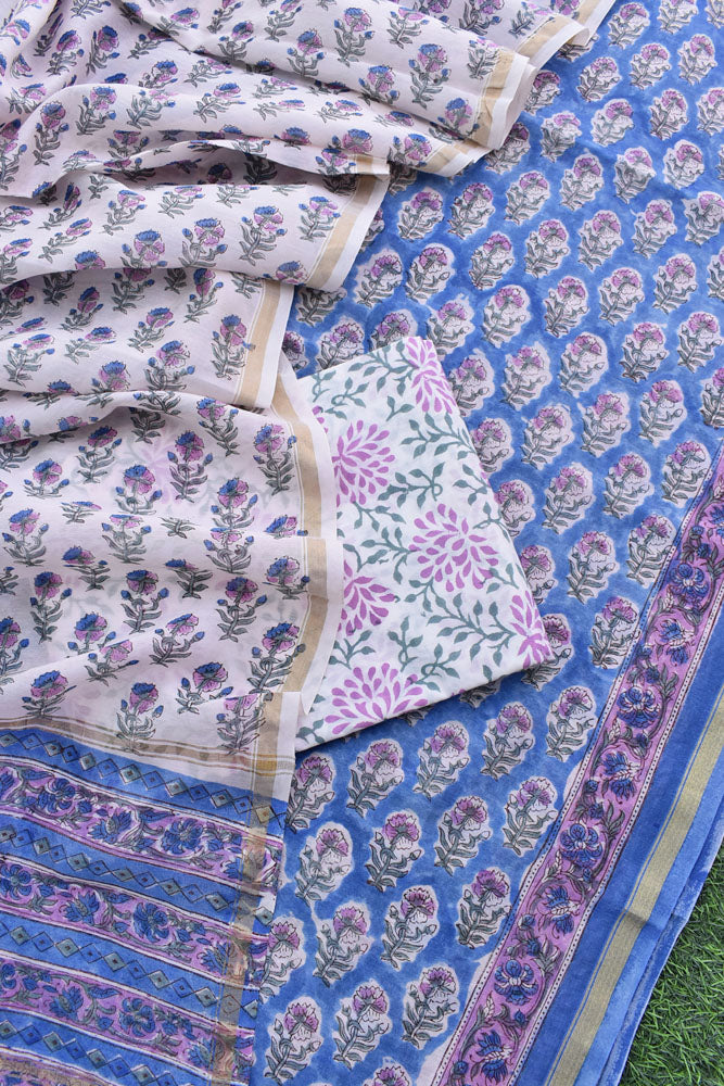Sanganer Hand Block Printed Chanderi unstitched suit fabric