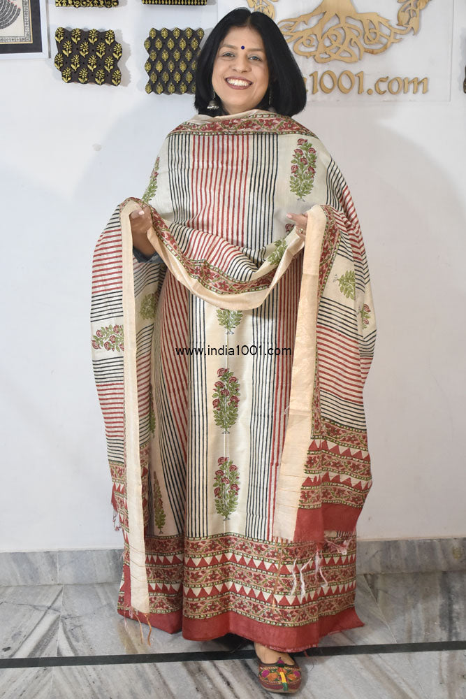 Elegant Hand Block printed Moonga Tussar Silk Kurta Dupatta Set