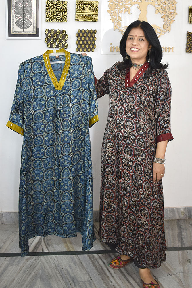 Beautiful Ajrakh Modal Silk Kurta with Kutch Mirror Work size - 38 - 44