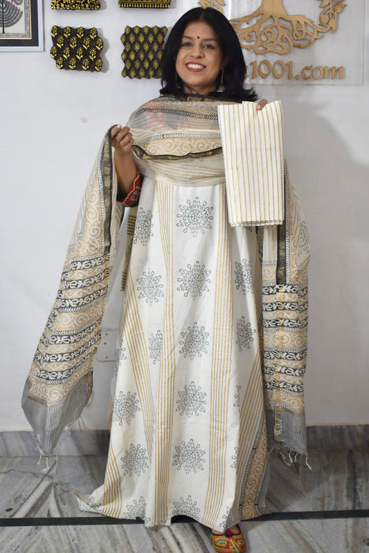 Hand Block Placement Print Cotton suit with Chanderi dupatta and panel design