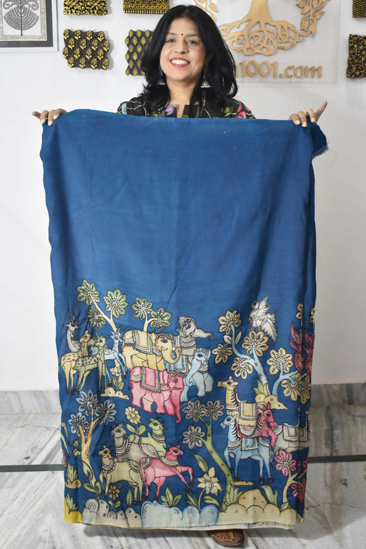 Beautiful Hand Painted Pen Kalamkari  Bangalore Silk Fabric - 2.5 mtrs cut