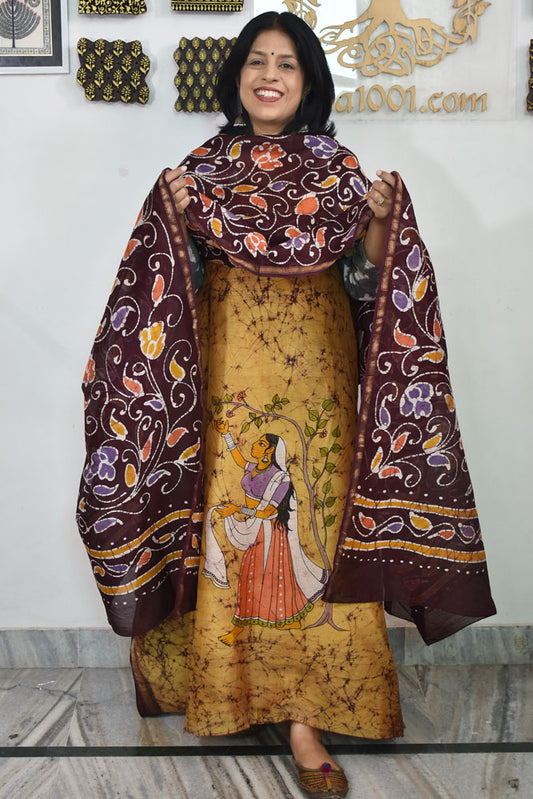 Elegant Handwoven Maheshwari silkcotton kurta fabric & dupatta set with  Wax Batik work
