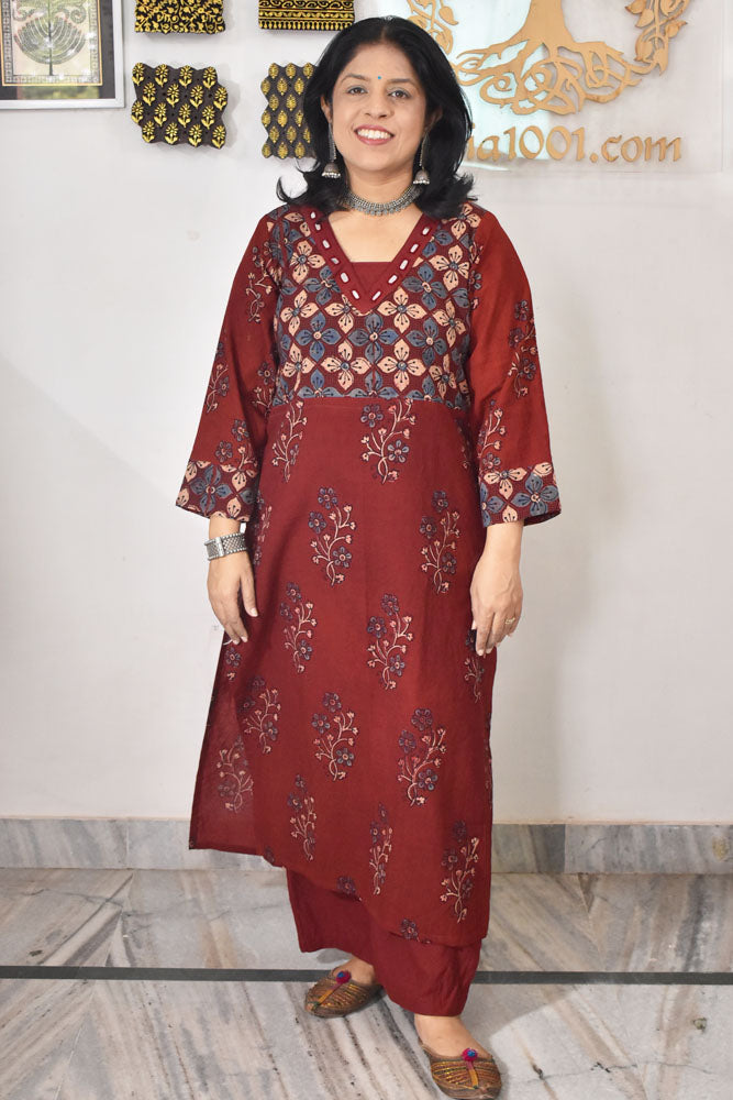 Beautiful Hand Block Printed Ajrakh Cotton kurta with Kutch Mirror work , Size 38 to 46