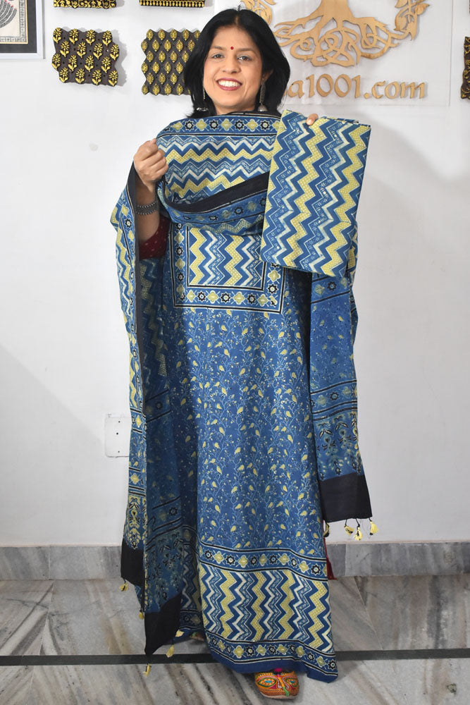 Block Print Ajrakh Cotton Suit with designer Ajrakh neck yoke /panel & Long Stole