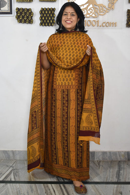 Bagh Hand Block Print Georgette Dupatta & Georgette Kurta Fabric With Cotton Bottom