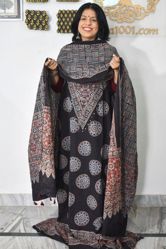 Designer Ajrakh Cotton kurta with  panel design & Mirror work & Cotton dupatta - 3 piece set