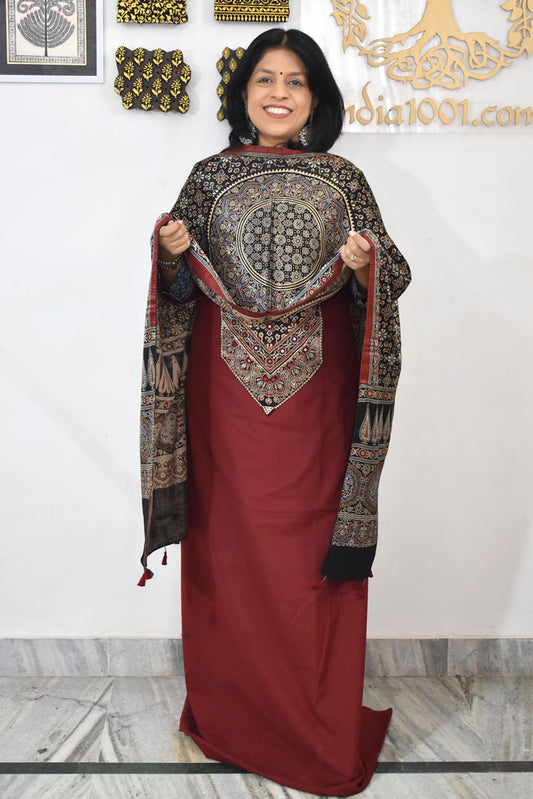 Designer Cotton suits with Ajrakh patch, mirror work & Ajrakh Stole