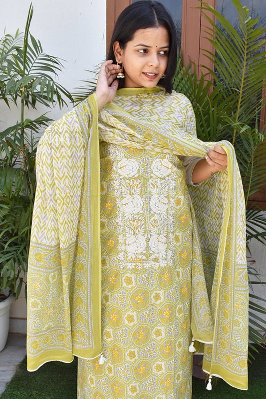 Beautiful Cotton Unstitched Suit Fabric with Embroidery & Mul cotton dupatta