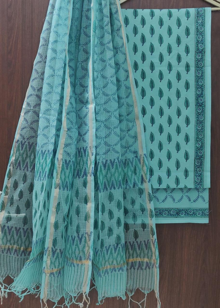 Beautiful Hand Block Printed Cotton unstitched suit fabric with Kota Doria Dupatta