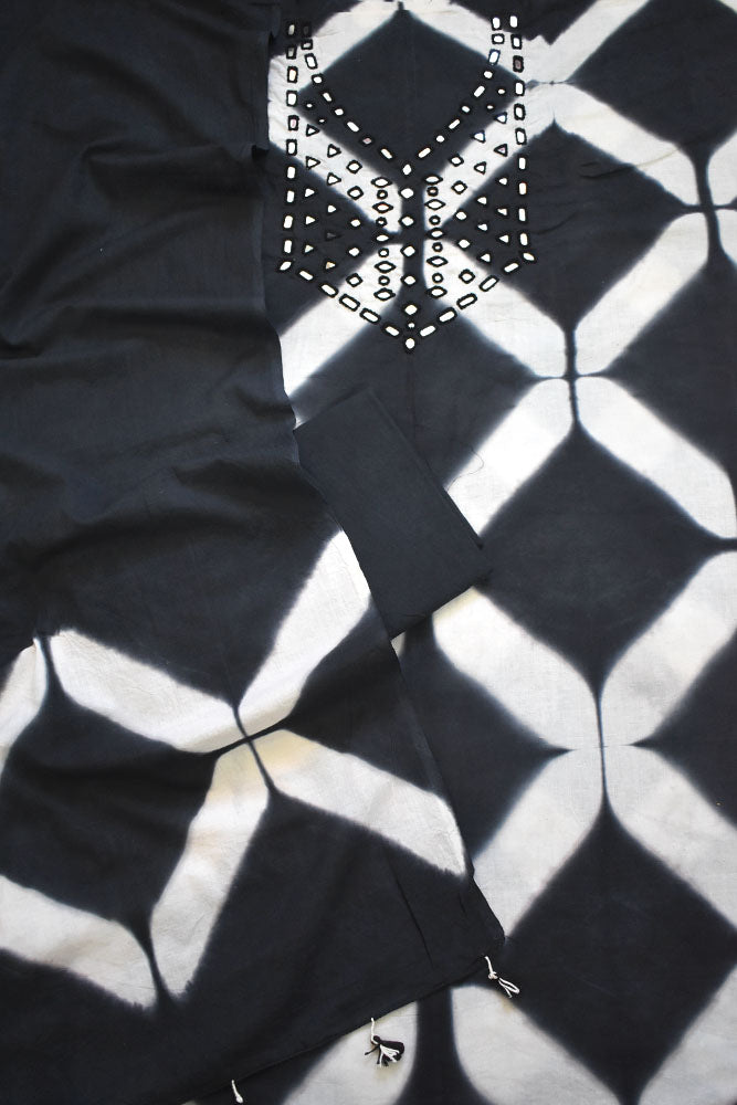 Tie & Dye Clamp Dyed cotton Unstitched Suit with Kutch Mirror work