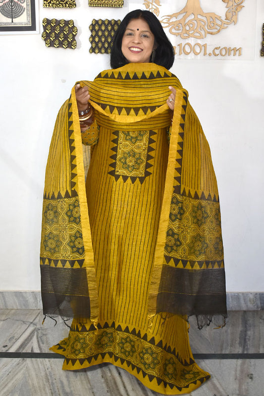 Beautiful Pure Linen Ajrakh  Hand Block Print Suit