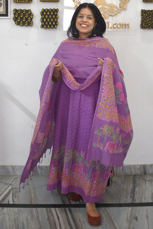 Elegant Hand Block print cotton suit with Schiffli work & Cotton dupatta