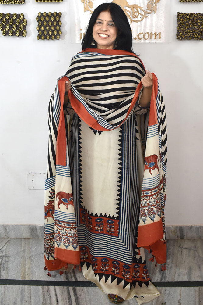 Designer Ajrakh Modal Silk Unstitched suit with  panel design & Ajrakh Dupatta- 2 piece set