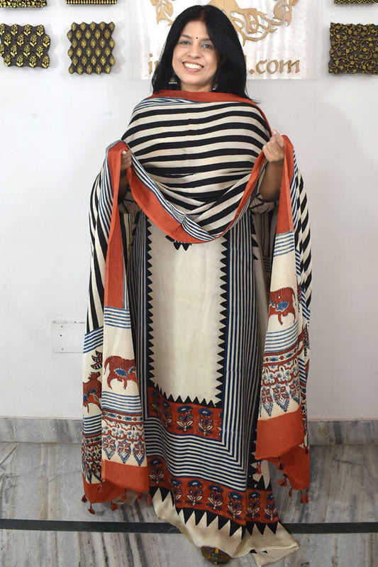 Designer Ajrakh Modal Silk Unstitched suit with  panel design & Ajrakh Dupatta- 2 piece set