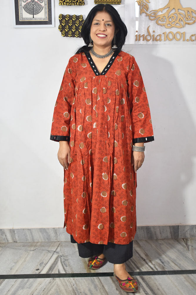 Designer Hand Block Printed cotton Kurta with Alia Cut and Kutch Mirror work - Size 40 to 44 ( all sizes)